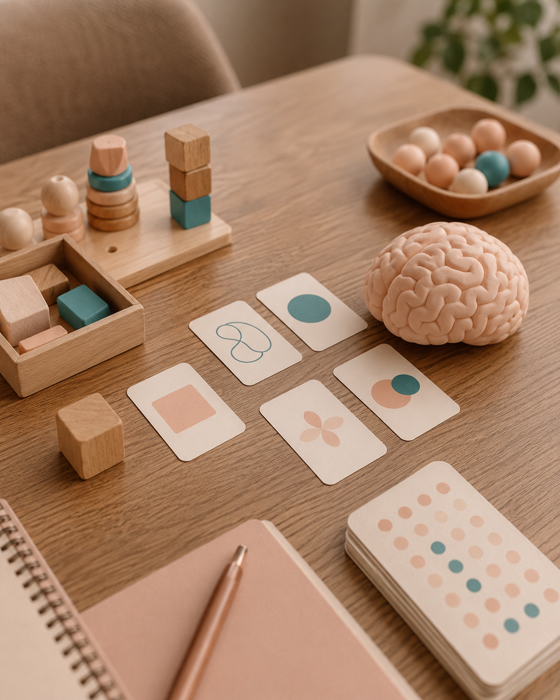 Materiais de avaliação neuropsicológica sobre a mesa