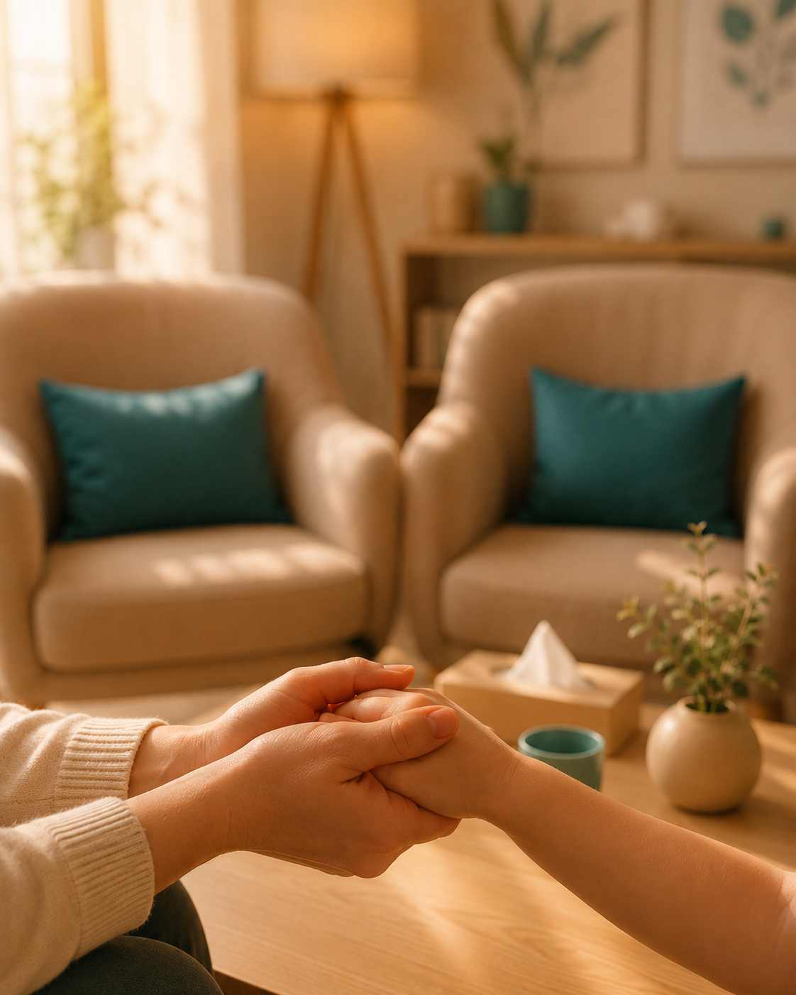 Mãos acolhendo em sessão de orientação, poltronas do consultório